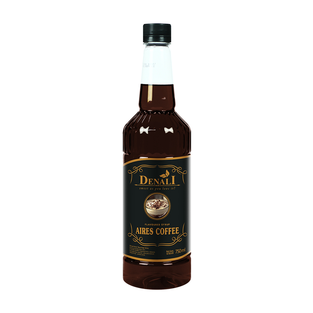 Botol Denali Aires Coffee Syrup 750ml di atas meja bar