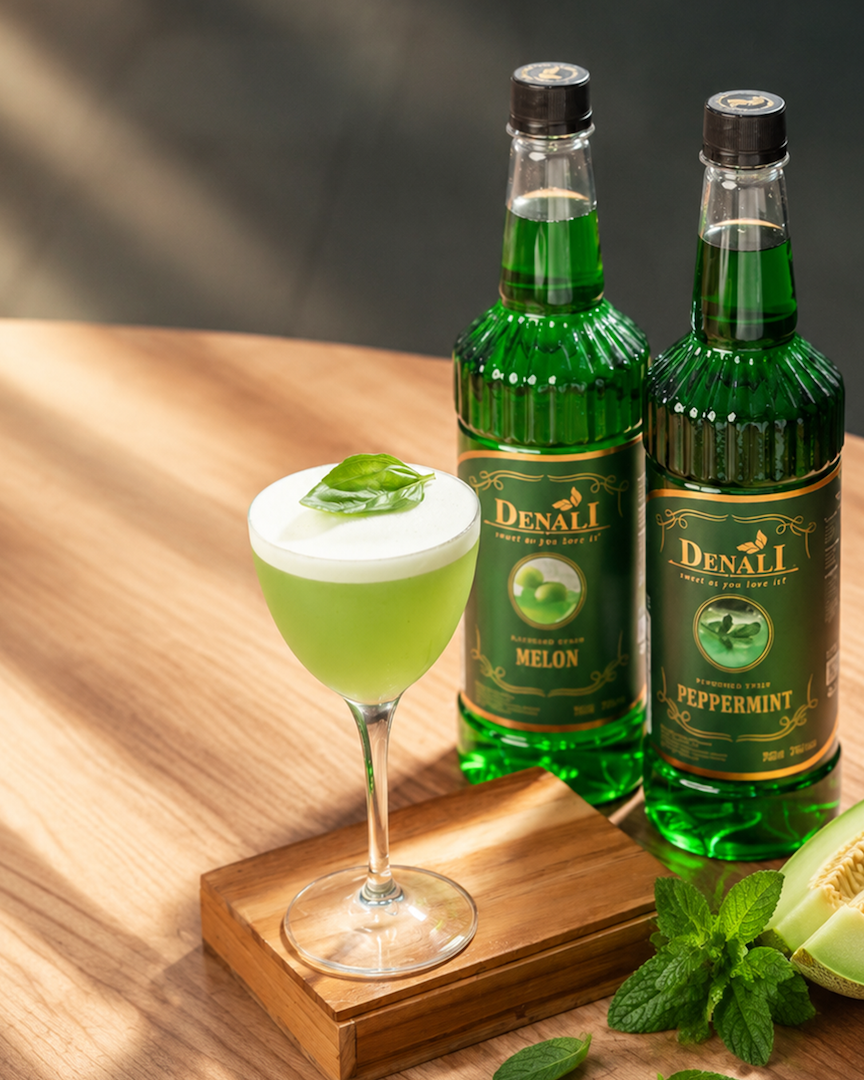 Honeydew Basil Dramatic, mocktail melon dan peppermint dengan garnish edible flower dan daun basil di Nick & Nora glass