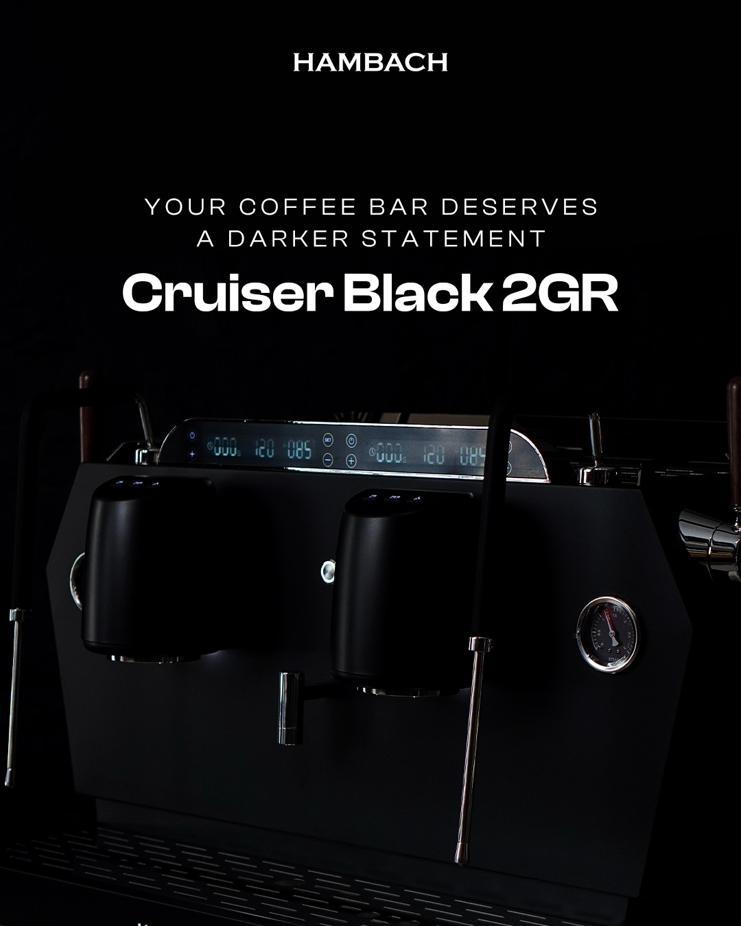 Mesin espresso Hambach Cruiser 2 Group Hitam dengan dua group head untuk kafe ramai